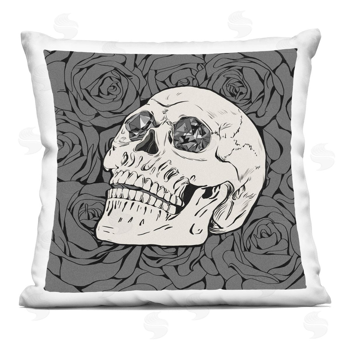 Monochrome Goth Skull Roses Decorative Printed Pillow, Home Decor by Ziwei Li