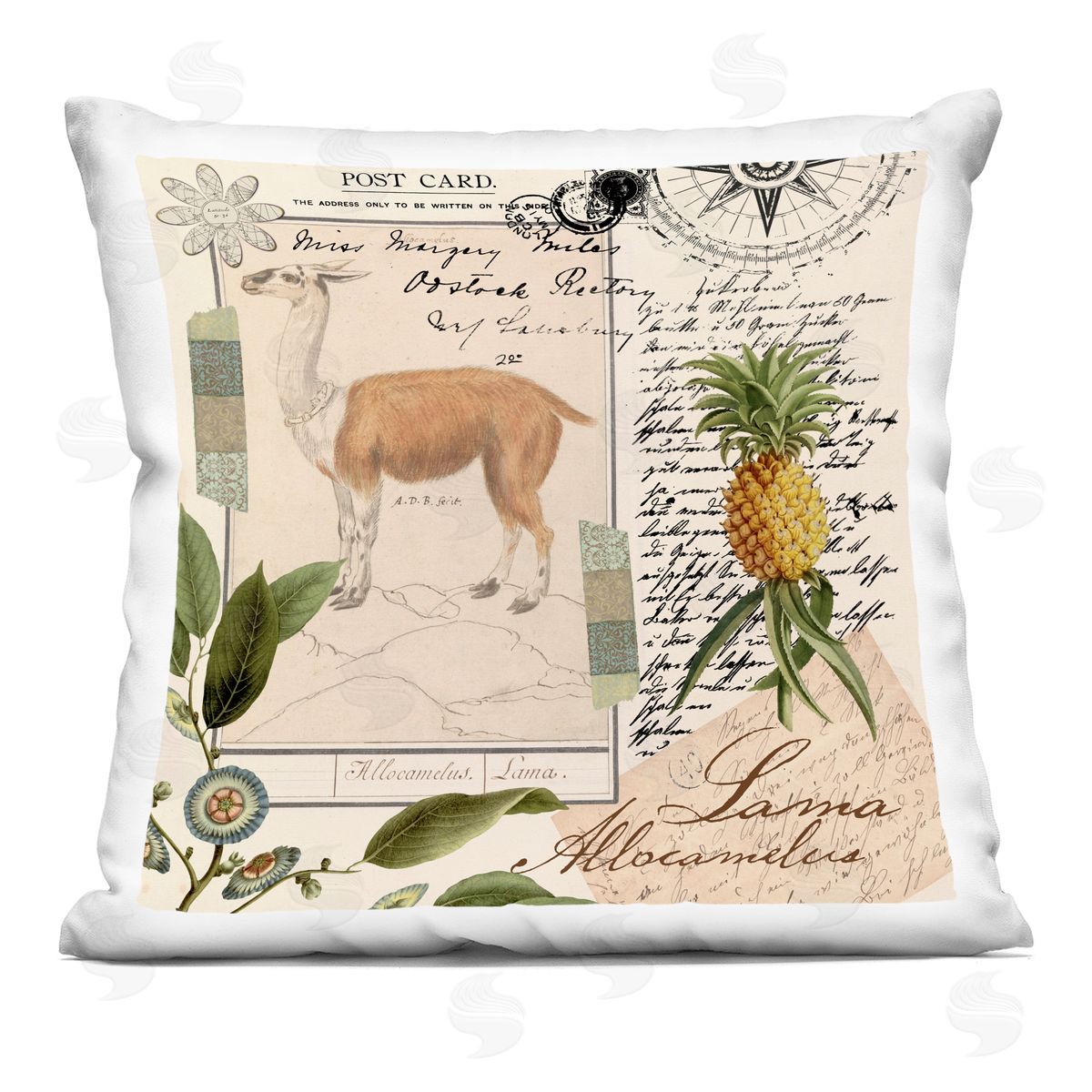 Vintage Post Card Llama Collage Decorative Printed Pillow, Home Decor by Andrea Haase
