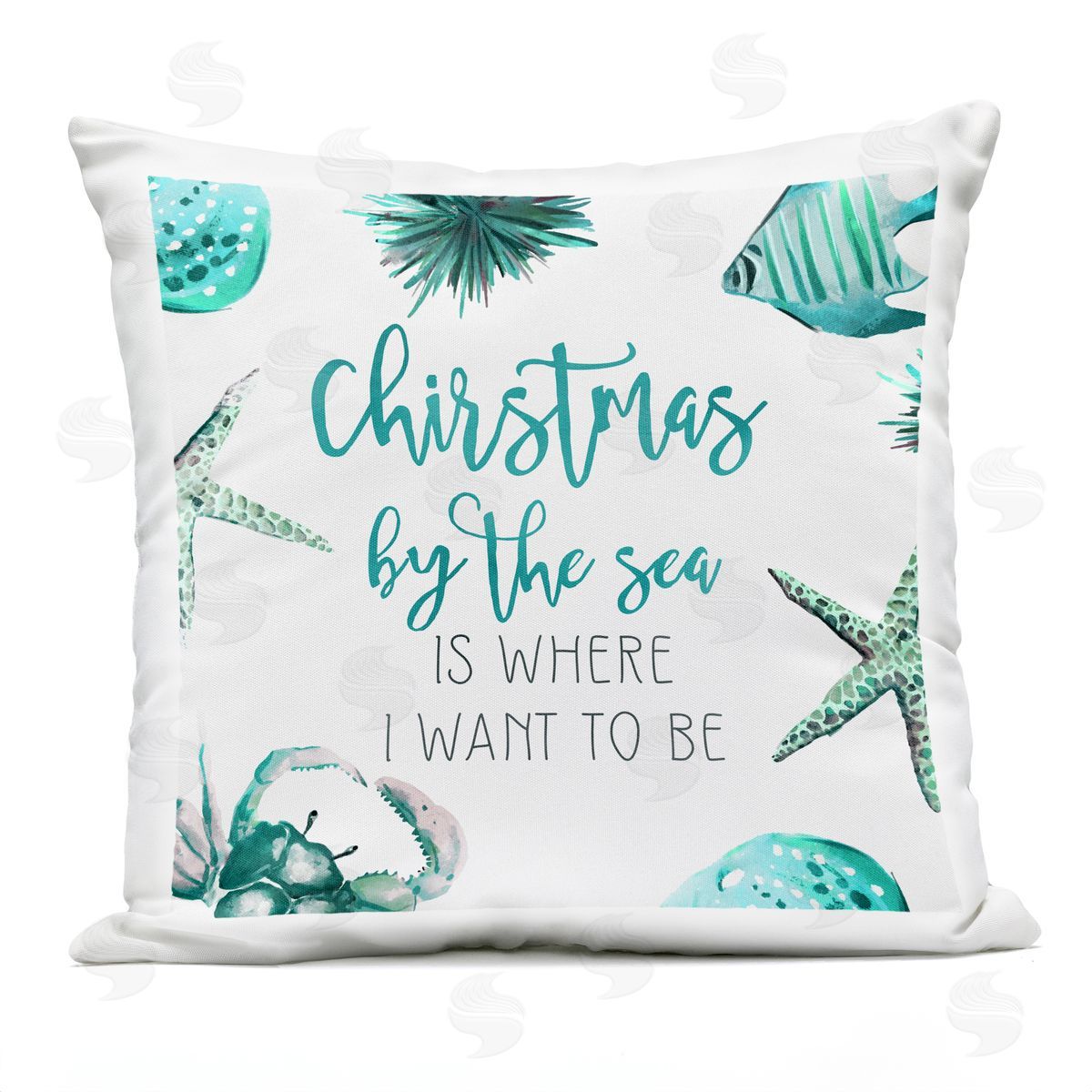 Christmas By The Sea Teal Phrase Outdoor Printed Pillow, Home Decor by Ziwei Li