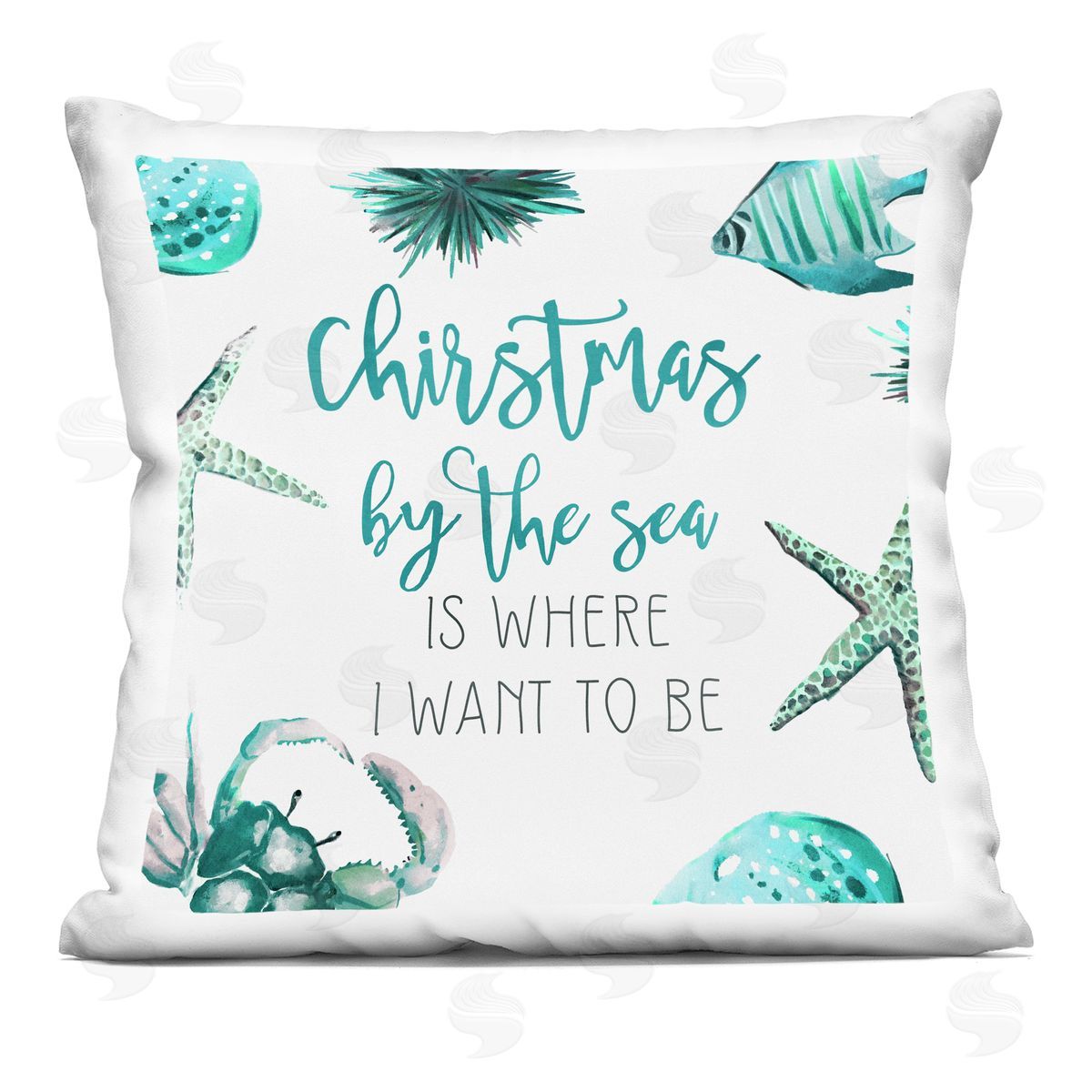 Christmas By The Sea Teal Phrase Decorative Printed Pillow, Home Decor by Ziwei Li