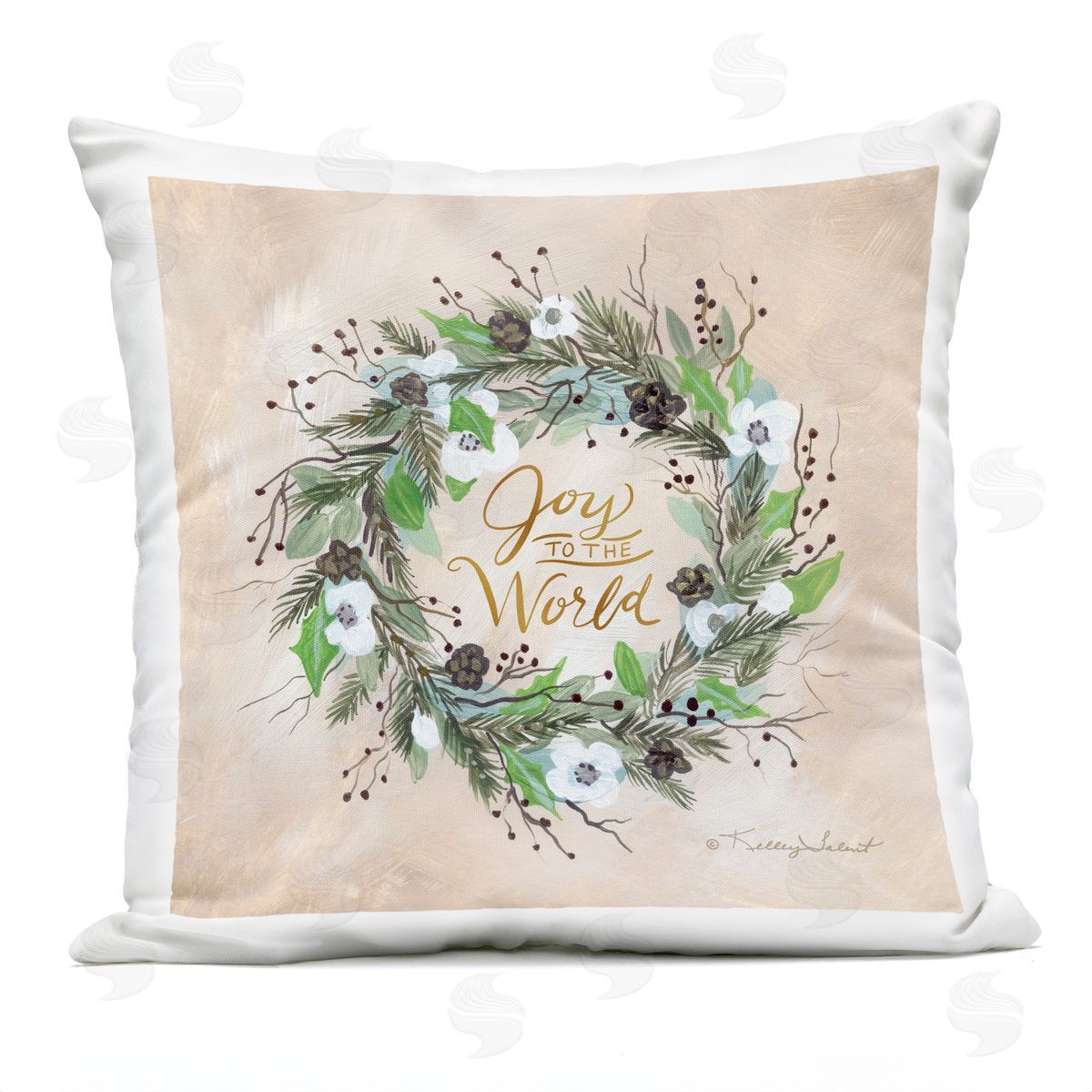 Joy To The World Pine Wreath Outdoor Printed Pillow, Home Decor by Kelley Talent