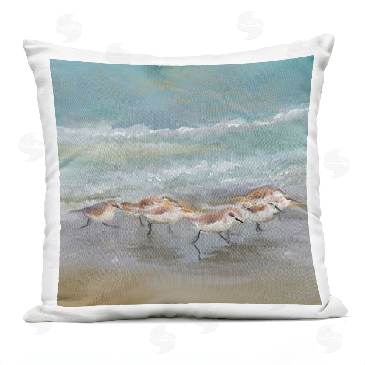 Sandpiper Birds Beach Waves Outdoor Printed Pillow, Home Decor by Rick Novak