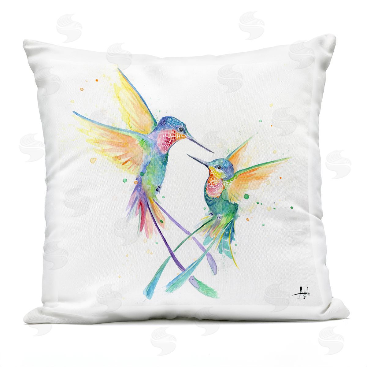 Fluttering Hummingbirds Pastel Rainbow Outdoor Printed Pillow, Home Decor by Marc Allante