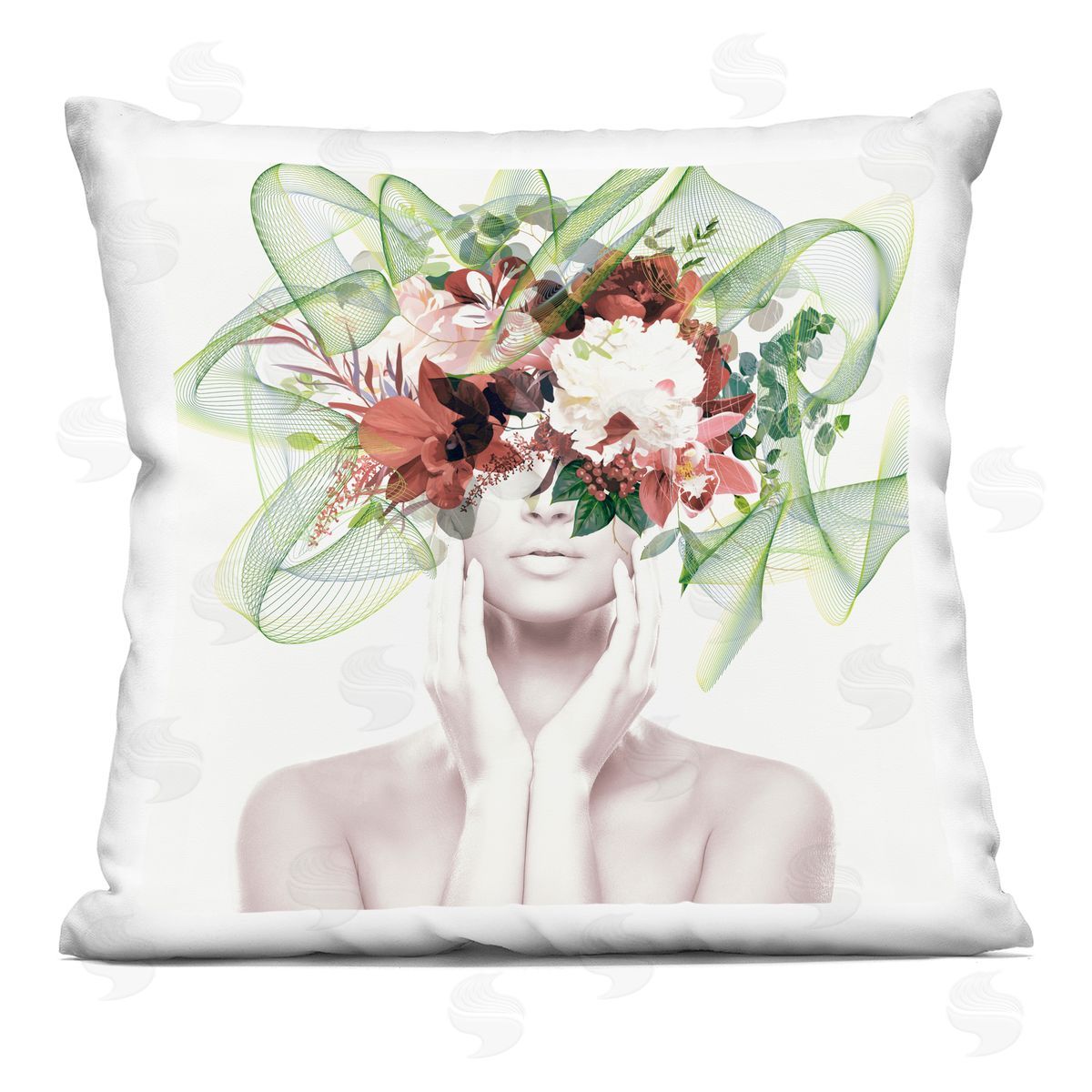 Green Accent Floral Girl Decorative Printed Pillow, Home Decor by Irena Orlov