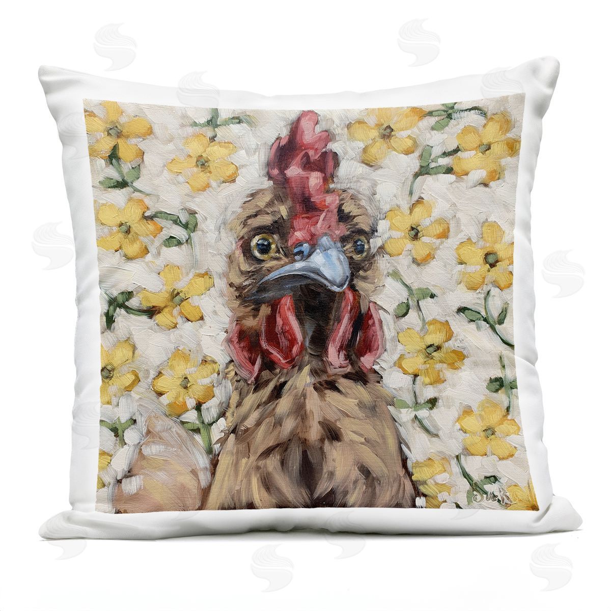 Rural Chicken Yellow Daisy Blossoms Outdoor Printed Pillow, Home Decor by Sara G. Designs