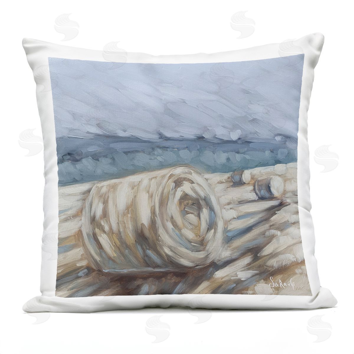 Country Haystacks Rural Landscape Outdoor Printed Pillow, Home Decor by Sara G. Designs