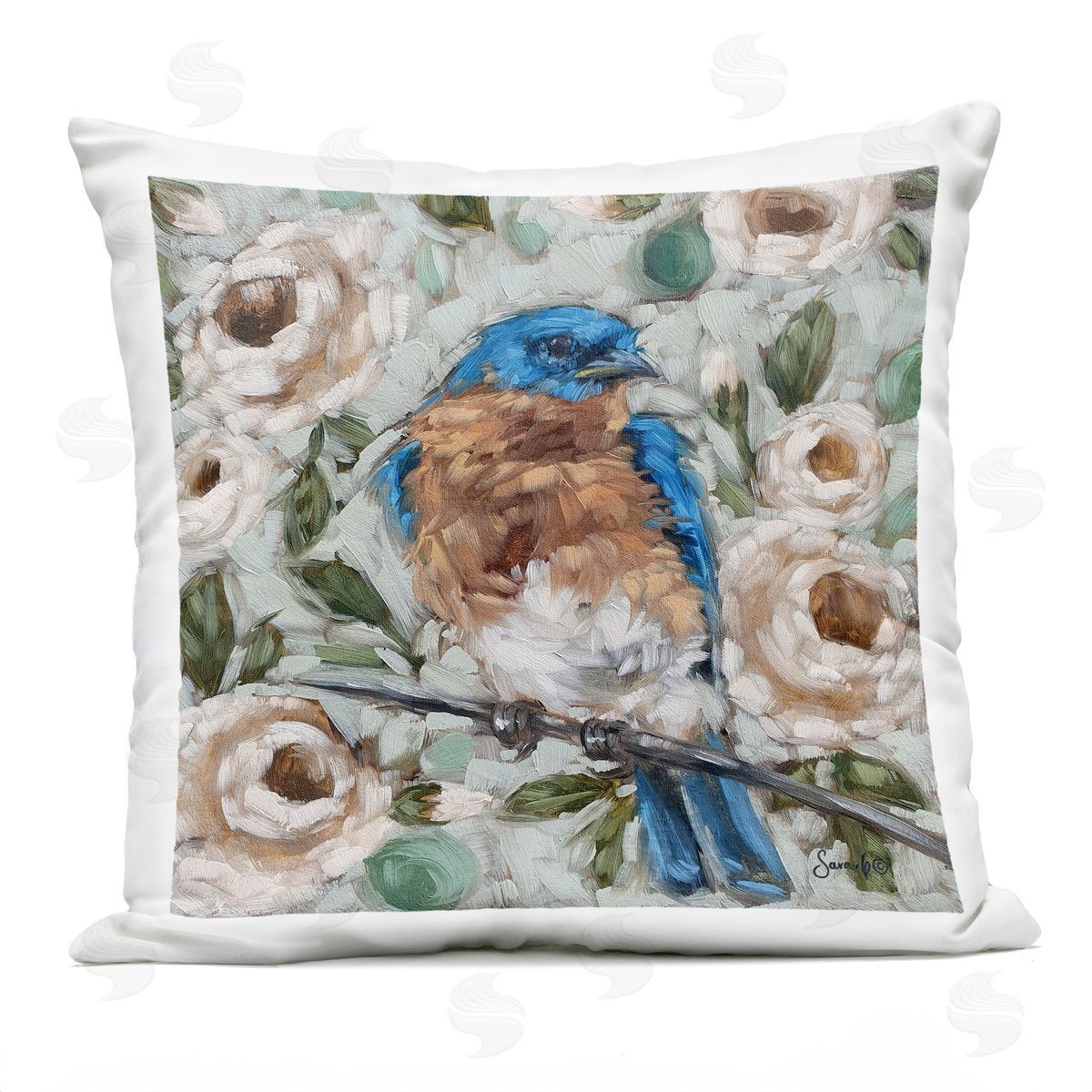 Bluebird Perched Blooming Flowers Outdoor Printed Pillow, Home Decor by Sara G. Designs