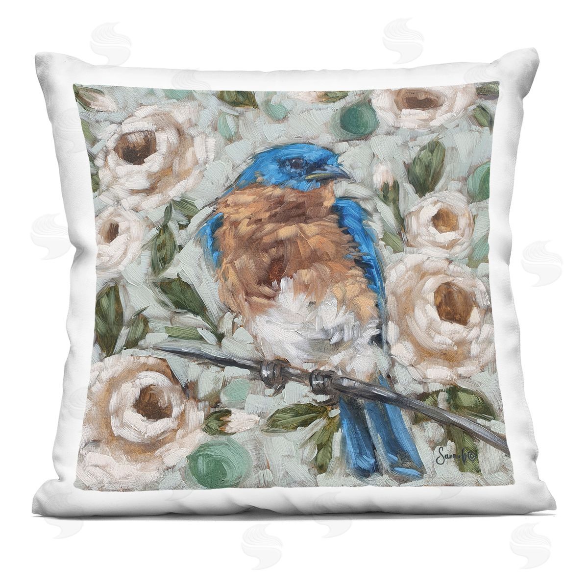 Bluebird Perched Blooming Flowers Decorative Printed Pillow, Home Decor by Sara G. Designs