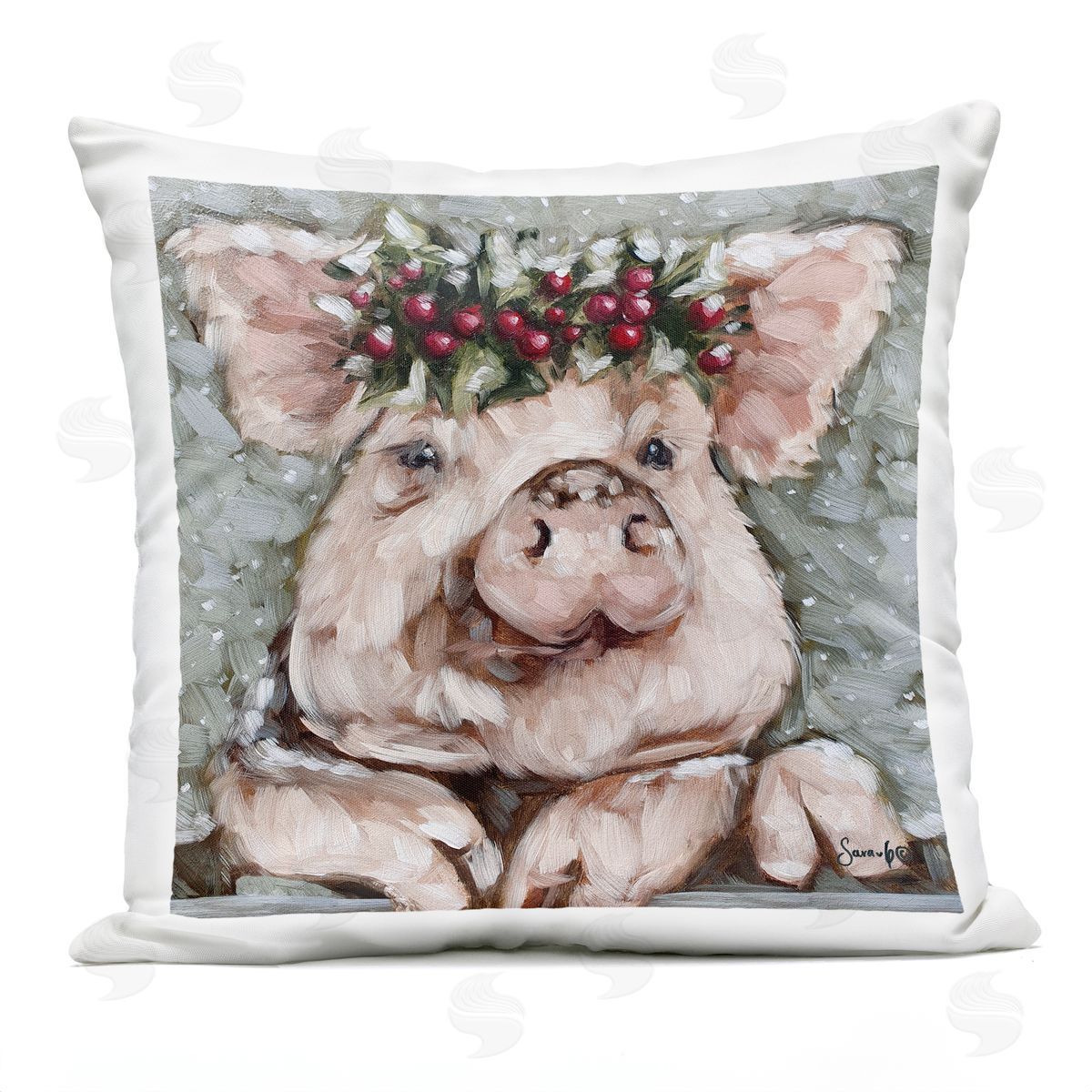 Festive Piglet Winter Holly Berries Outdoor Printed Pillow, Home Decor by Sara G. Designs