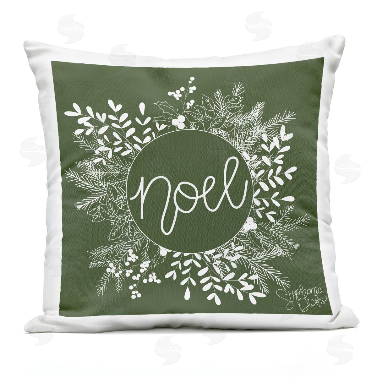 Noel Holiday Pine Wreath Outdoor Printed Pillow, Home Decor by Stephanie Dicks