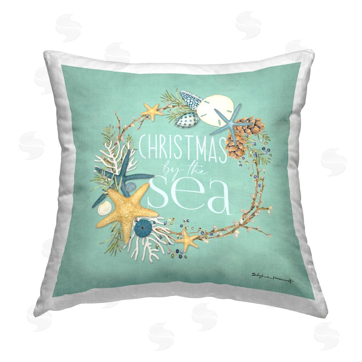 Christmas By The Sea Holiday Wreath Decorative Printed Pillow, Home Decor by Stephanie Workman Marrott
