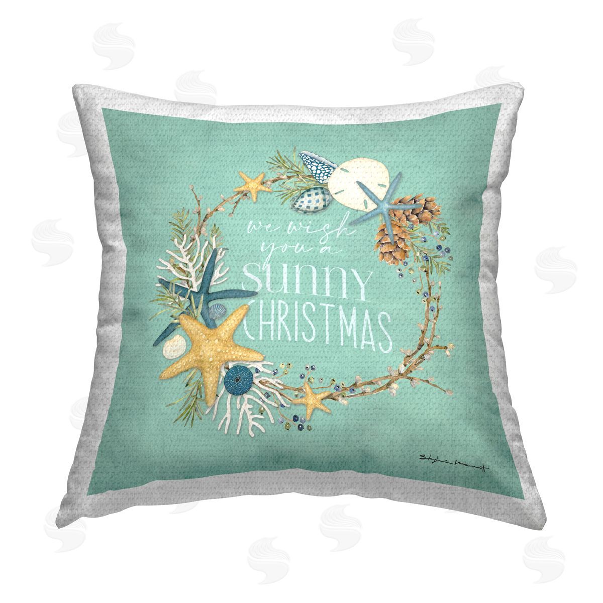 Wish You Sunny Christmas Wreath Outdoor Printed Pillow, Home Decor by Stephanie Workman Marrott