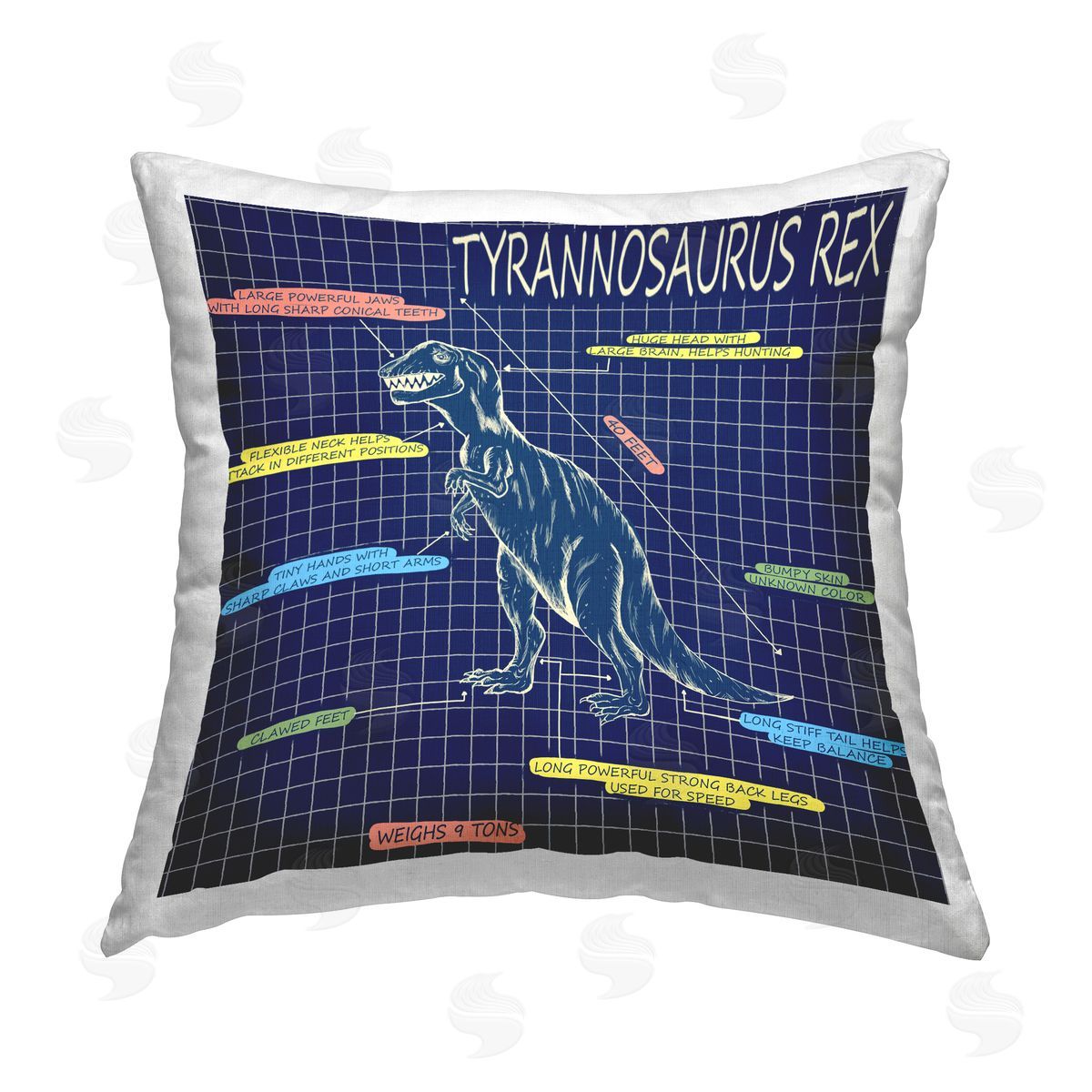 T-Rex Educational Dinosaur Diagram Decorative Printed Pillow, Home Decor by Sangita Bachelet