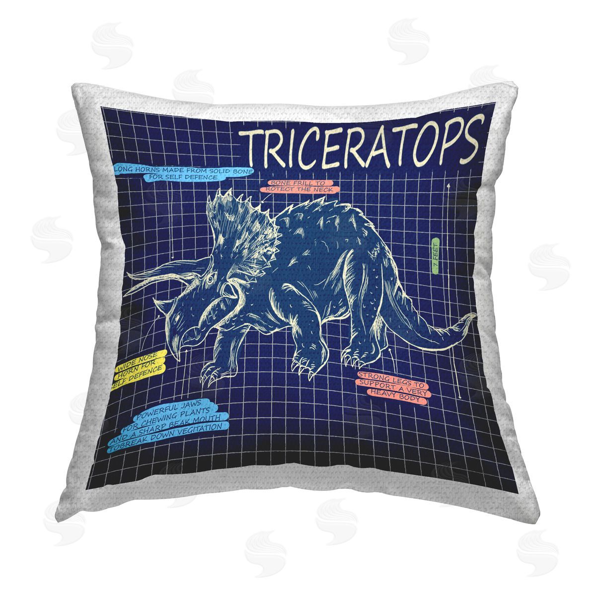 Triceratops Dinosaur Blueprint Outdoor Printed Pillow, Home Decor by Sangita Bachelet