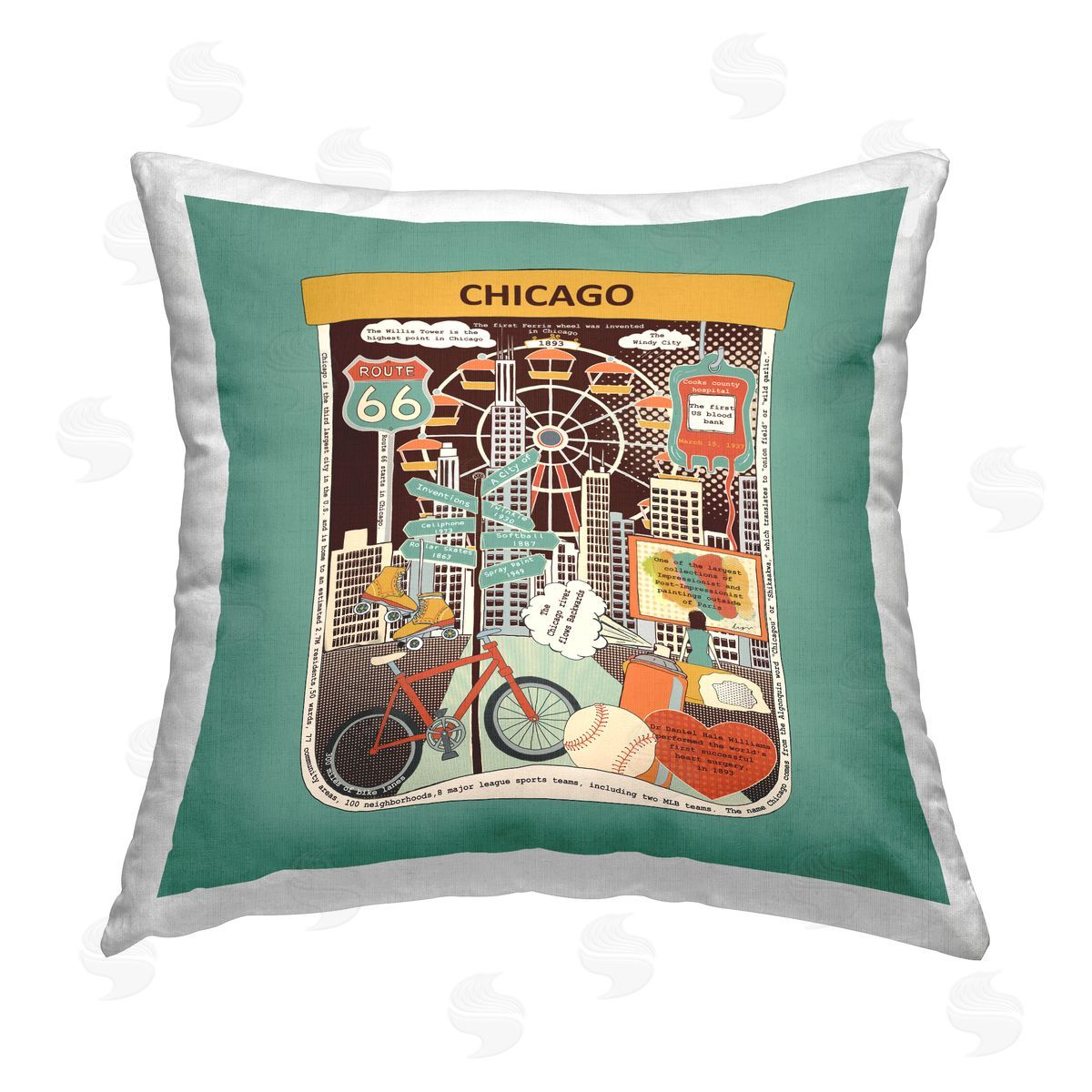 Vintage Chicago Landmarks Decorative Printed Pillow, Home Decor by Sangita Bachelet