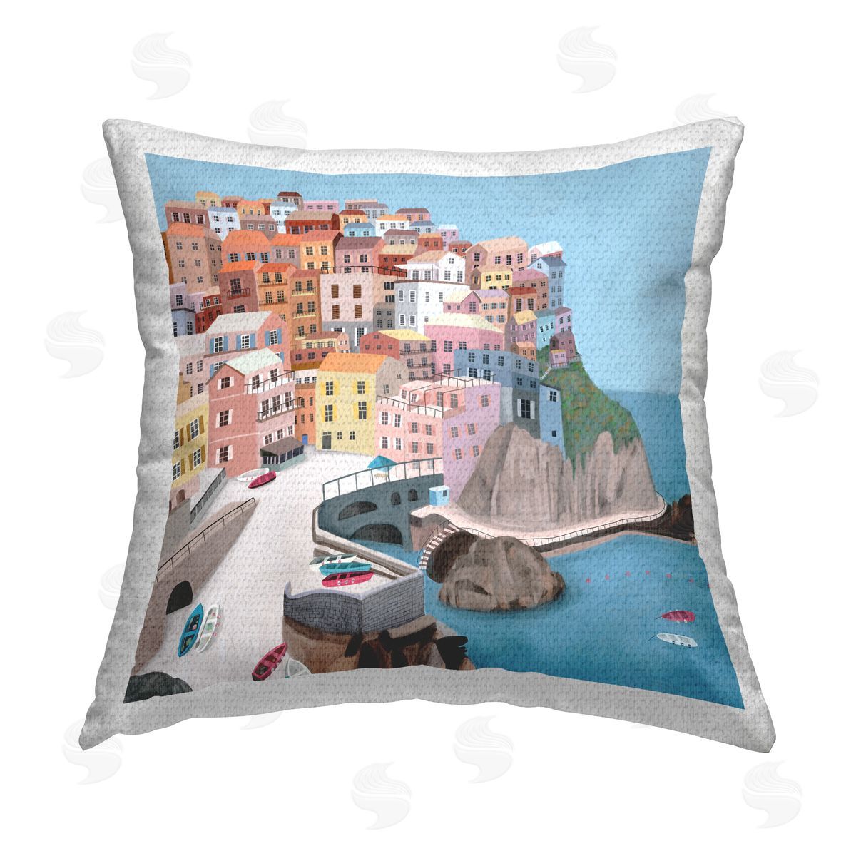 Coastal Town Ocean Cliffs Outdoor Printed Pillow, Home Decor by Carla Daly