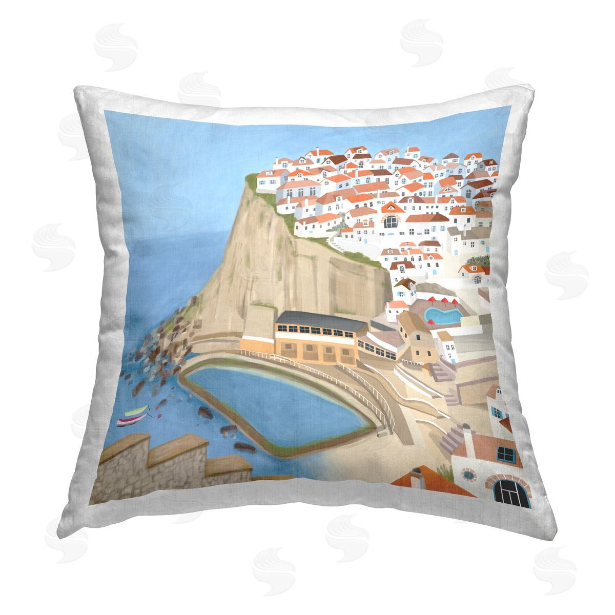 Coastal Cliff Beach Town Decorative Printed Pillow, Home Decor by Carla Daly