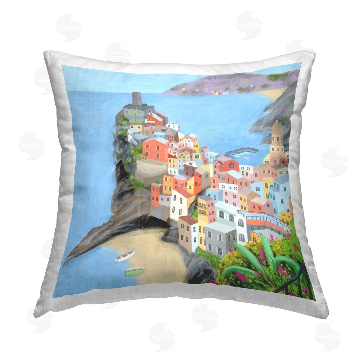 Coastal Town Buildings Beach Cove Decorative Printed Pillow, Home Decor by Carla Daly