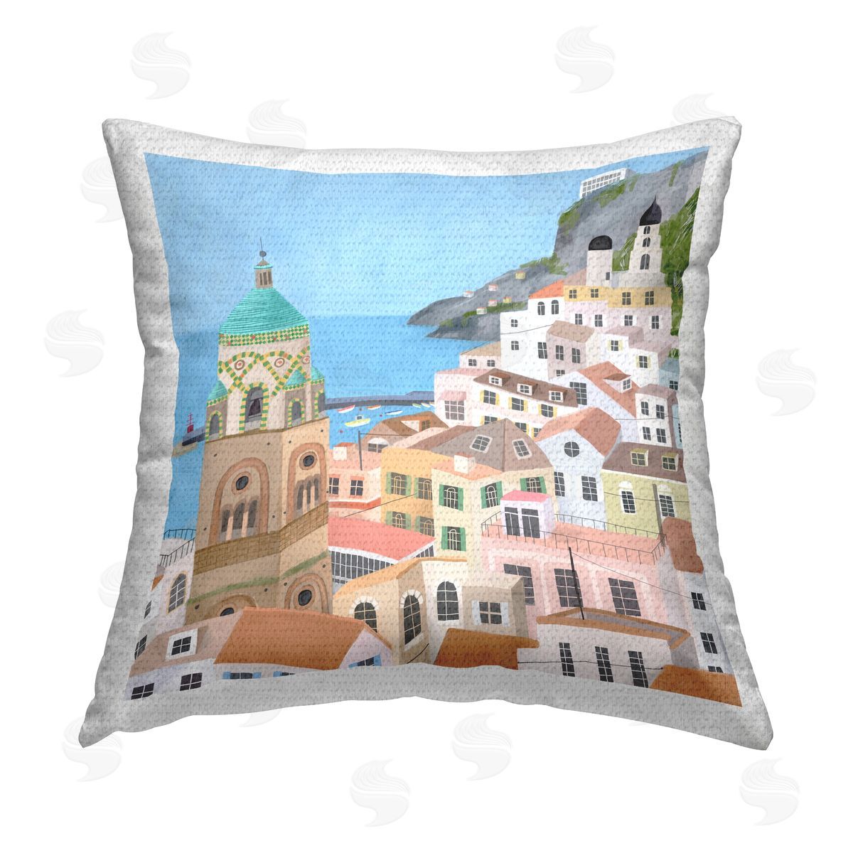 Ocean Coast Town Landscape View Outdoor Printed Pillow, Home Decor by Carla Daly