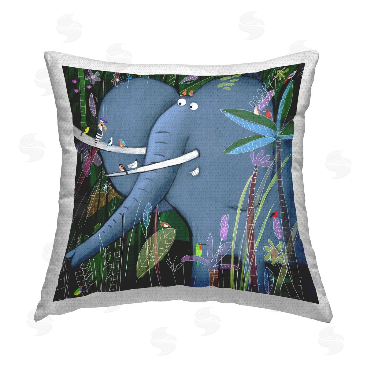 Jungle Nature Elephant & Birds Outdoor Printed Pillow, Home Decor by Carla Daly