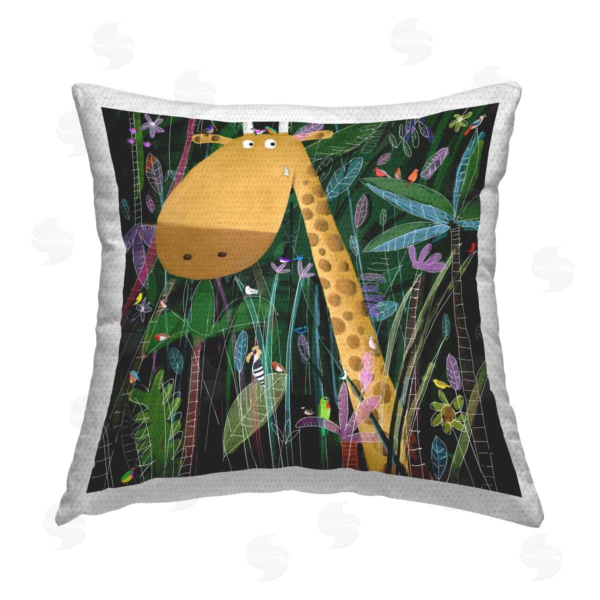 Giraffe & Birds In Jungle Nature Outdoor Printed Pillow, Home Decor by Carla Daly