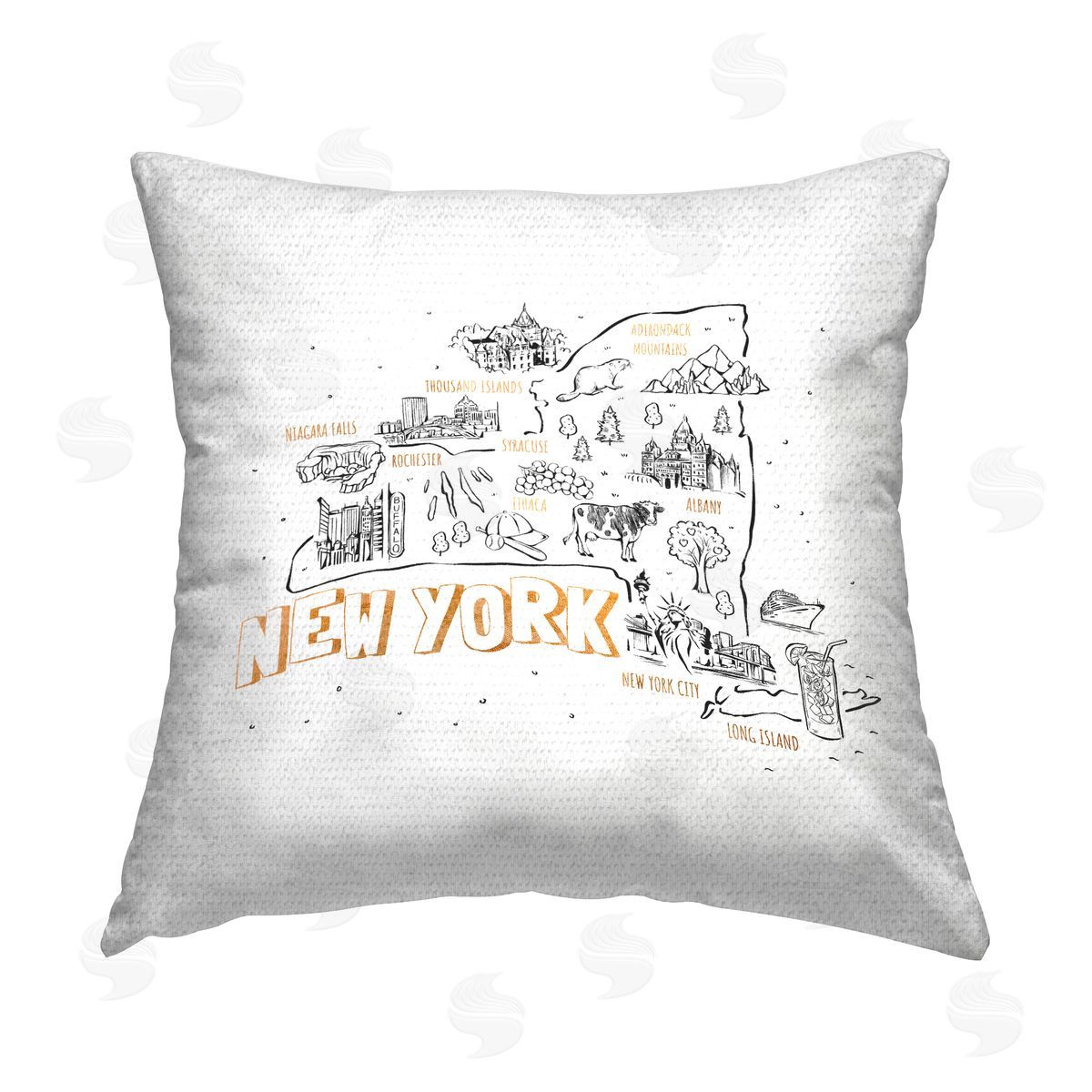 New York State Landmarks Doodle Map Outdoor Printed Pillow, Home Decor by Ziwei Li