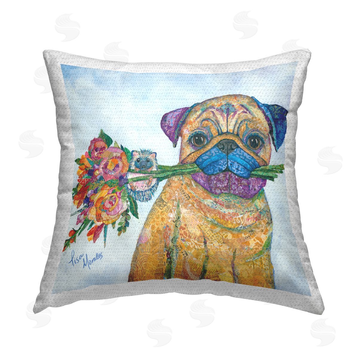Pug Flower Bouquet Hedgehog Animals Outdoor Printed Pillow, Home Decor by Lisa Morales
