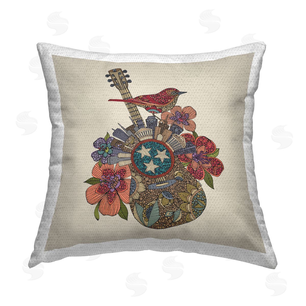 Musical City Guitar Floral Pattern Outdoor Printed Pillow, Home Decor by Valentina Harper