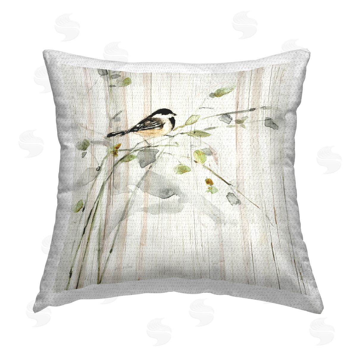 Bird Perched Country Herb Blooms Outdoor Printed Pillow, Home Decor by Sally Swatland
