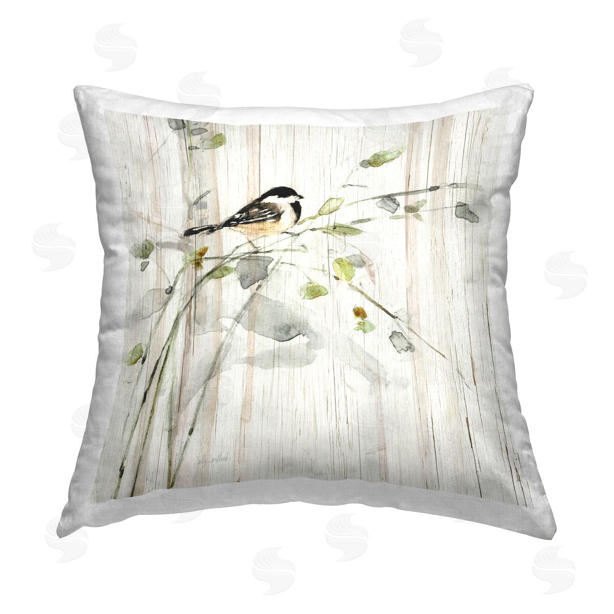 Bird Perched Country Herb Blooms Decorative Printed Pillow, Home Decor by Sally Swatland