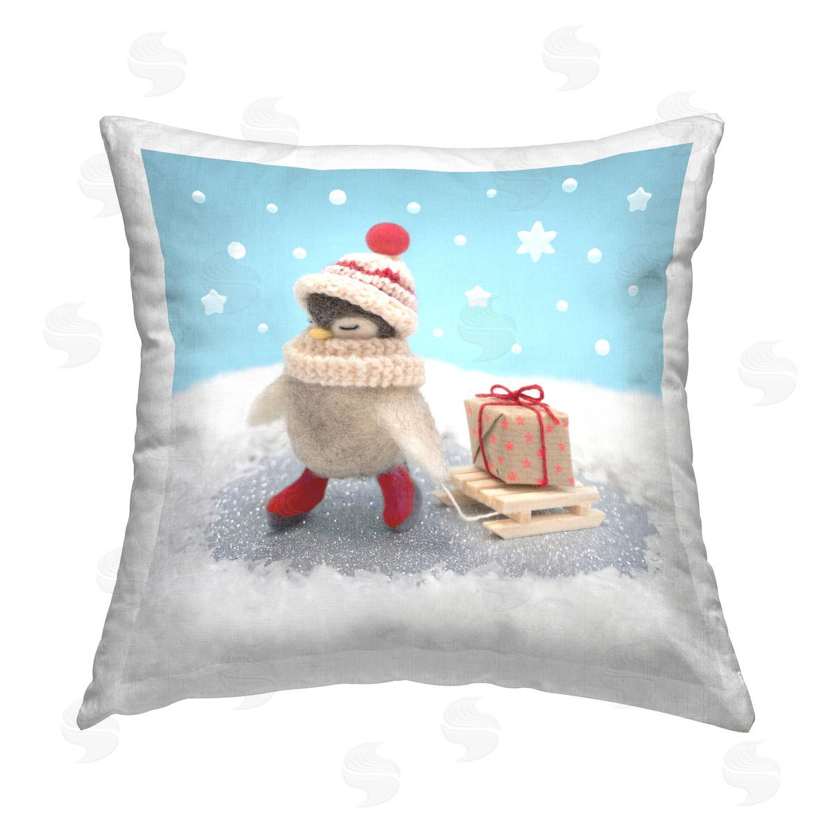 Snowy Penguin Holiday Sled Gift Decorative Printed Pillow, Home Decor by Lemon & Sugar