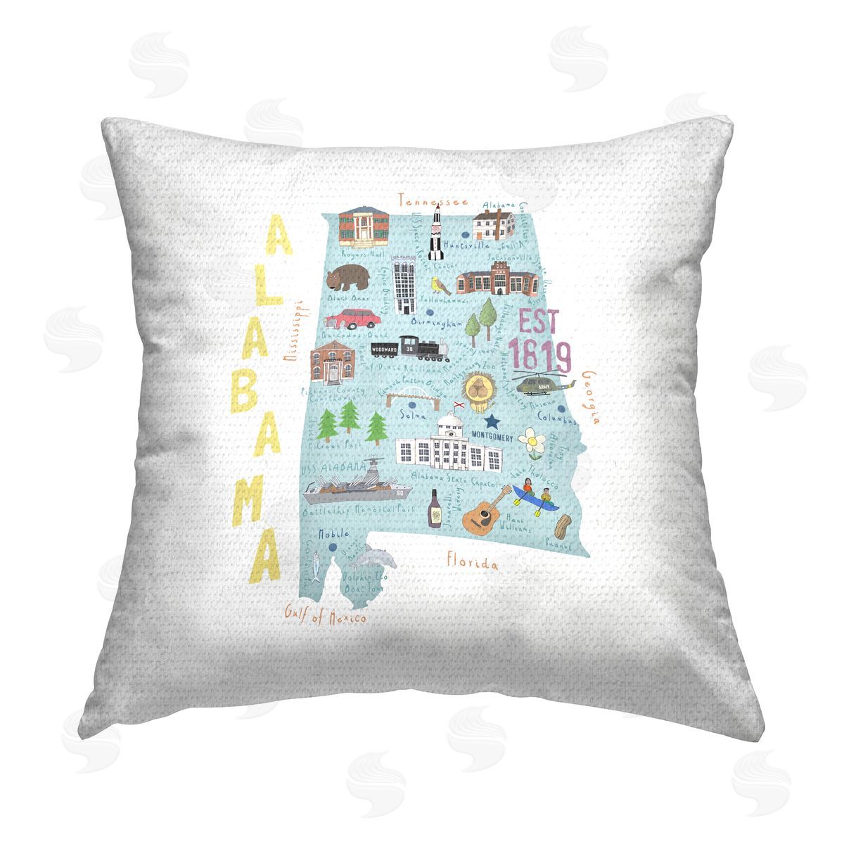 Alabama Landmarks Map USA State Outdoor Printed Pillow, Home Decor by Carla Daly