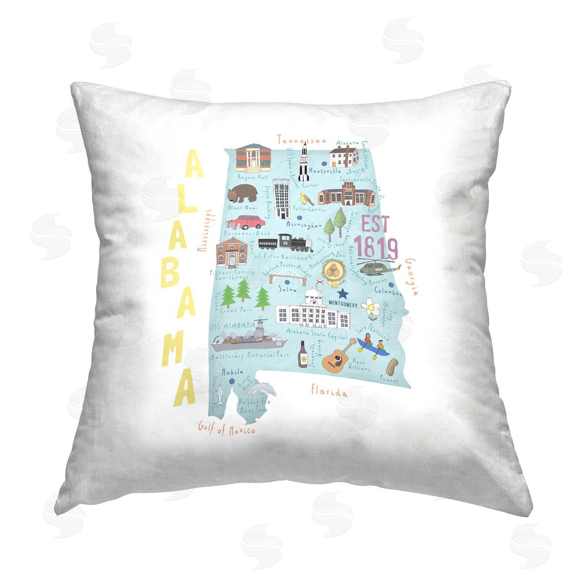 Alabama Landmarks Map USA State Decorative Printed Pillow, Home Decor by Carla Daly