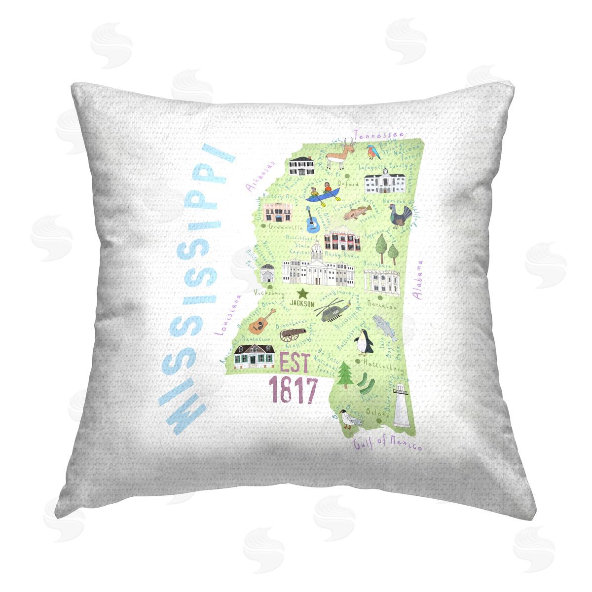 Whimsical Mississippi State Map Outdoor Printed Pillow, Home Decor by Carla Daly