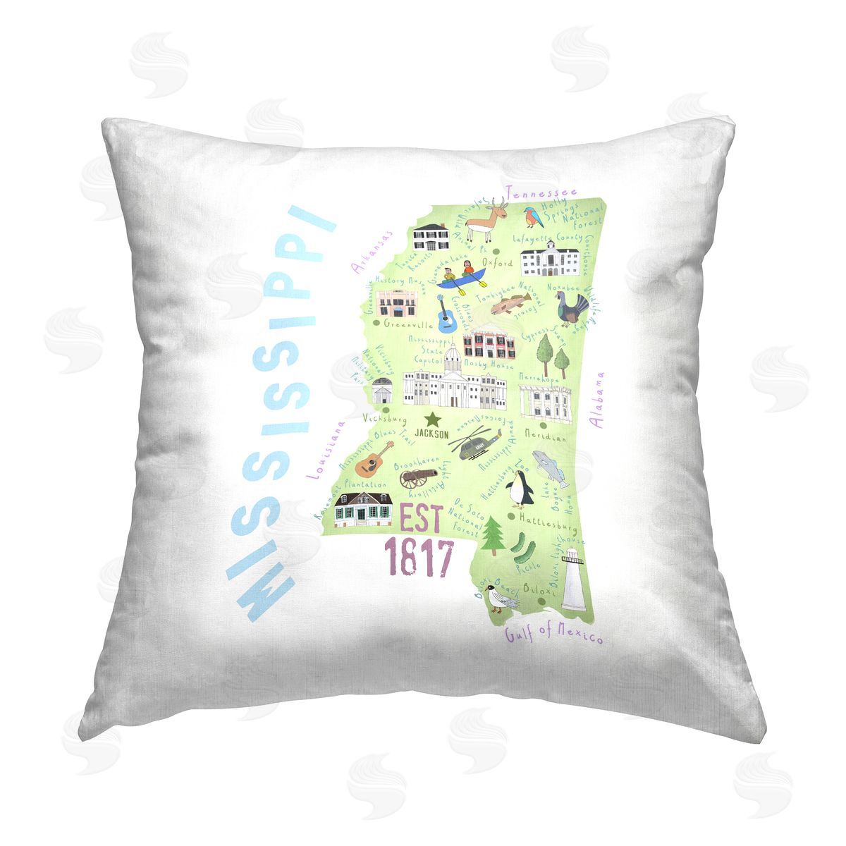 Whimsical Mississippi State Map Decorative Printed Pillow, Home Decor by Carla Daly
