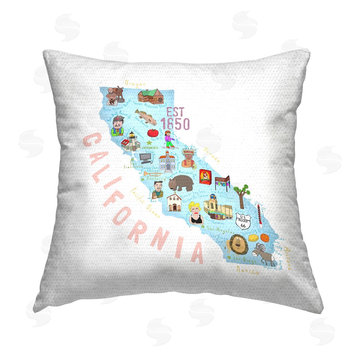 Pastel California Attractions Map Outdoor Printed Pillow, Home Decor by Carla Daly