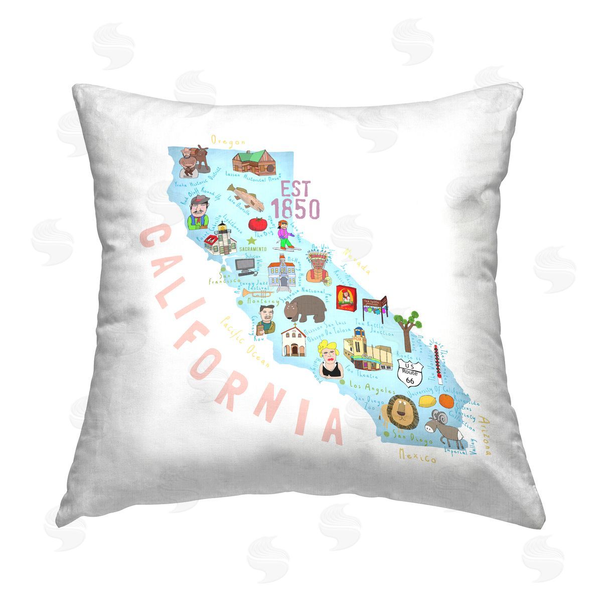 Pastel California Attractions Map Decorative Printed Pillow, Home Decor by Carla Daly