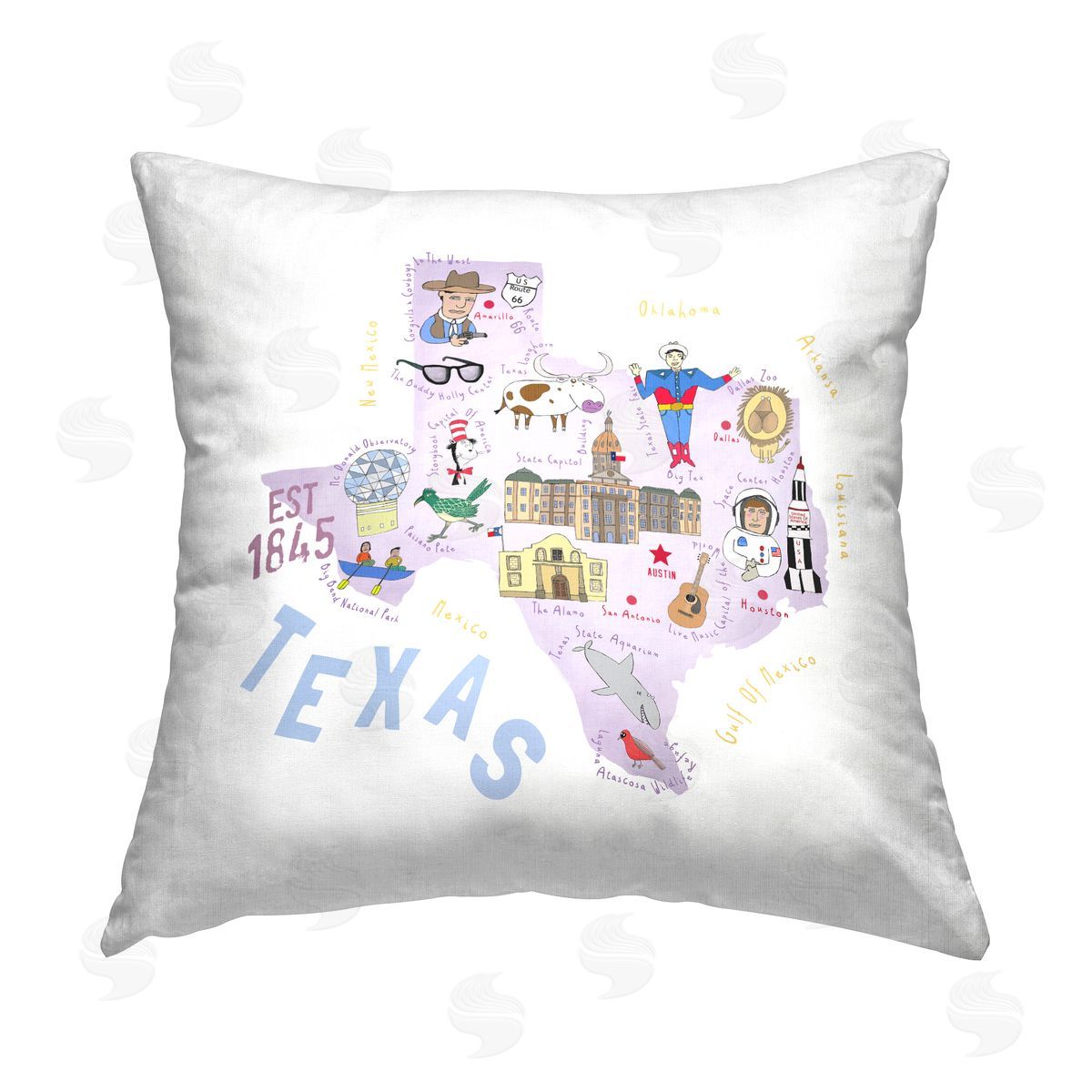 Purple & Blue Texas Landmarks Decorative Printed Pillow, Home Decor by Carla Daly