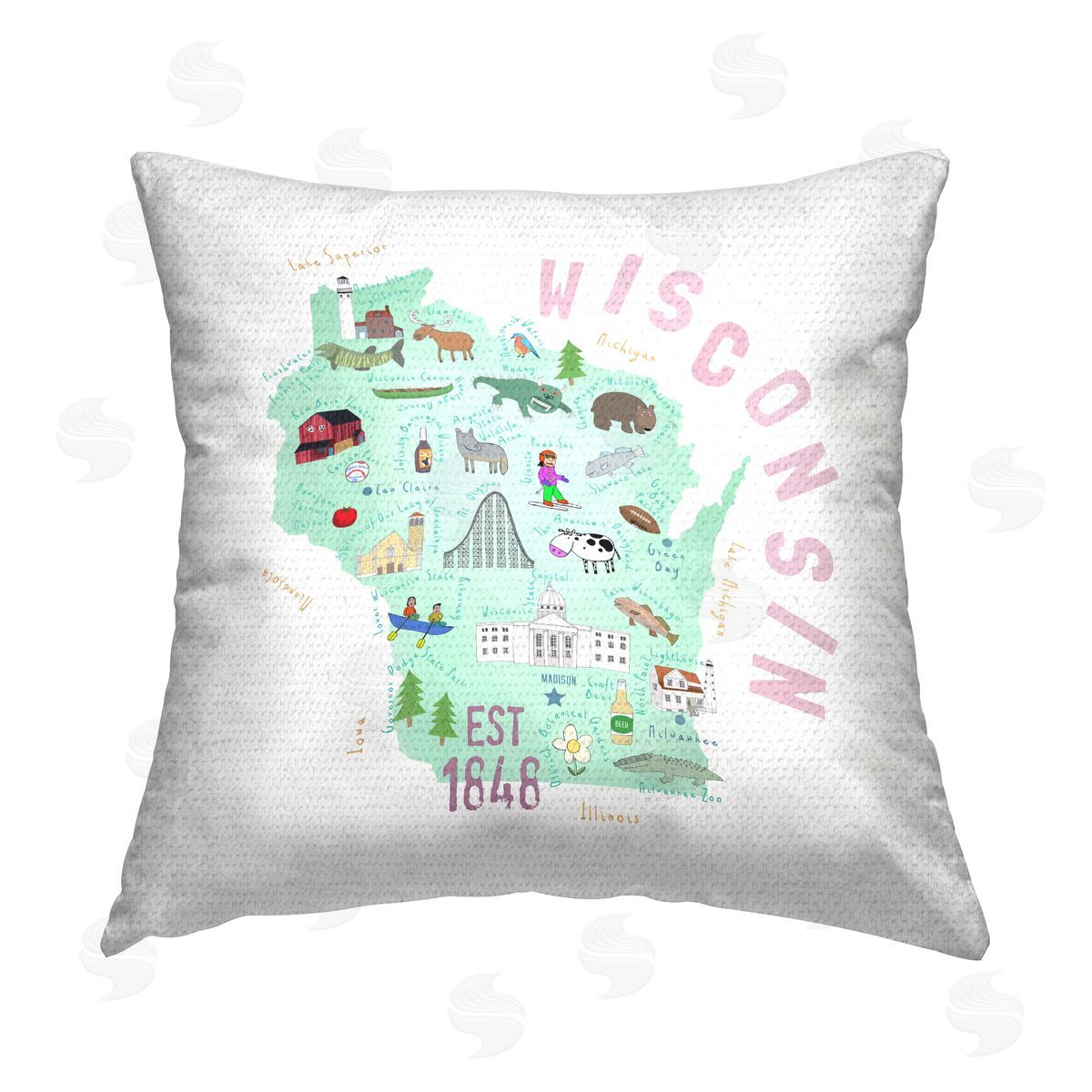 Green Wisconsin Destinations Map Outdoor Printed Pillow, Home Decor by Carla Daly
