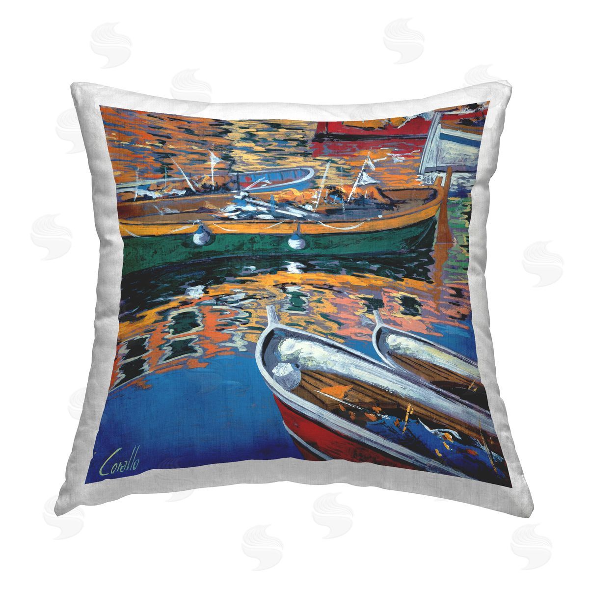 Vivid Boats Floating on Water Decorative Printed Pillow, Home Decor by Daniela Corallo