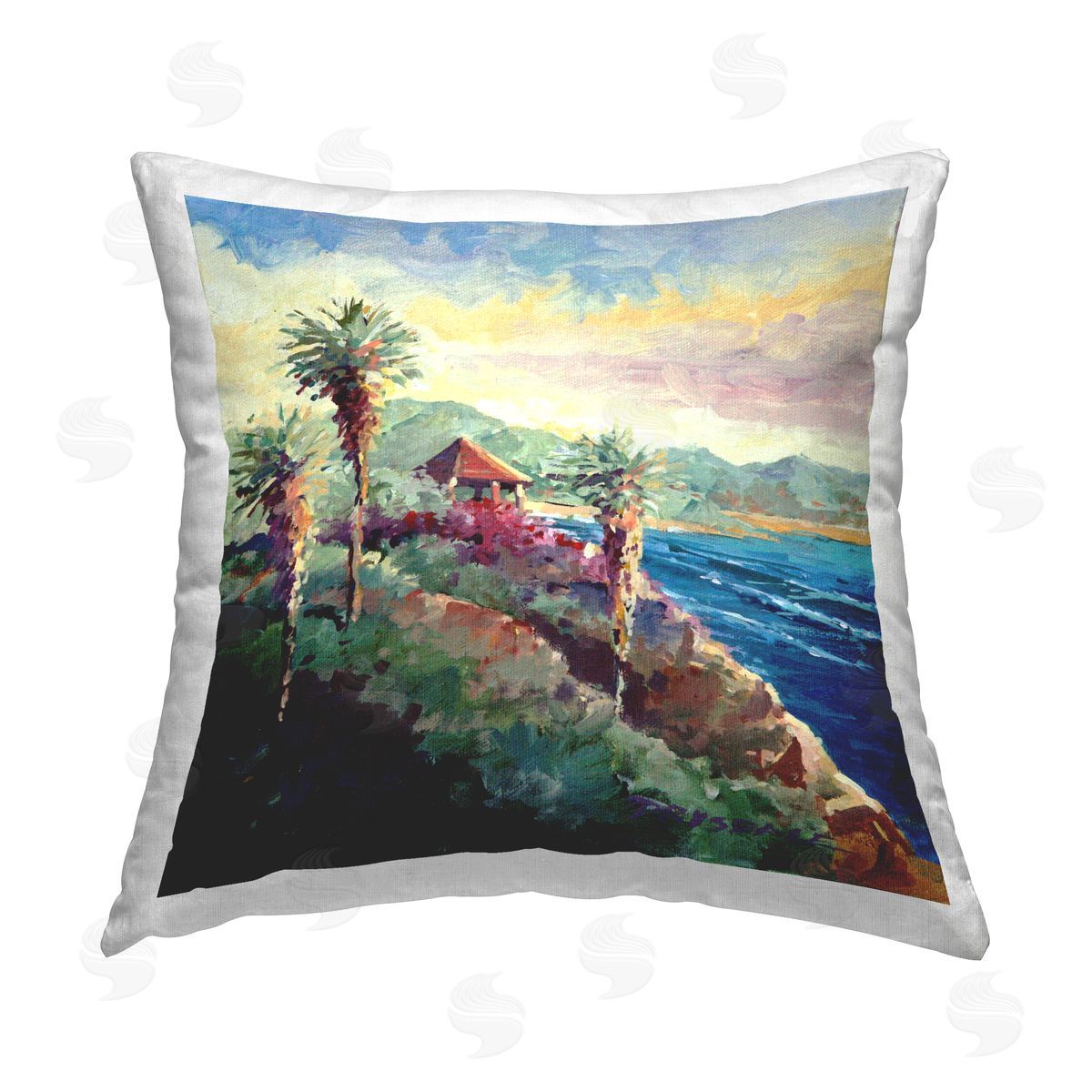 Coastal Beach Hut Tropical Palms Decorative Printed Pillow, Home Decor by Bill Drysdale