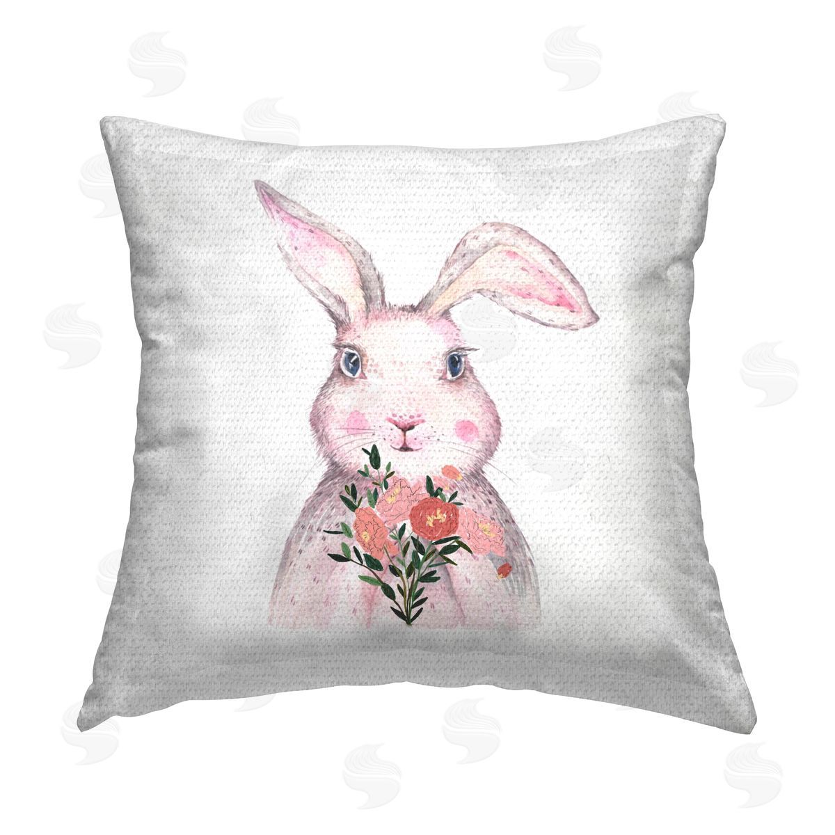 Pink Bunny With Flower Bouquet Outdoor Printed Pillow, Home Decor by Karen Smith
