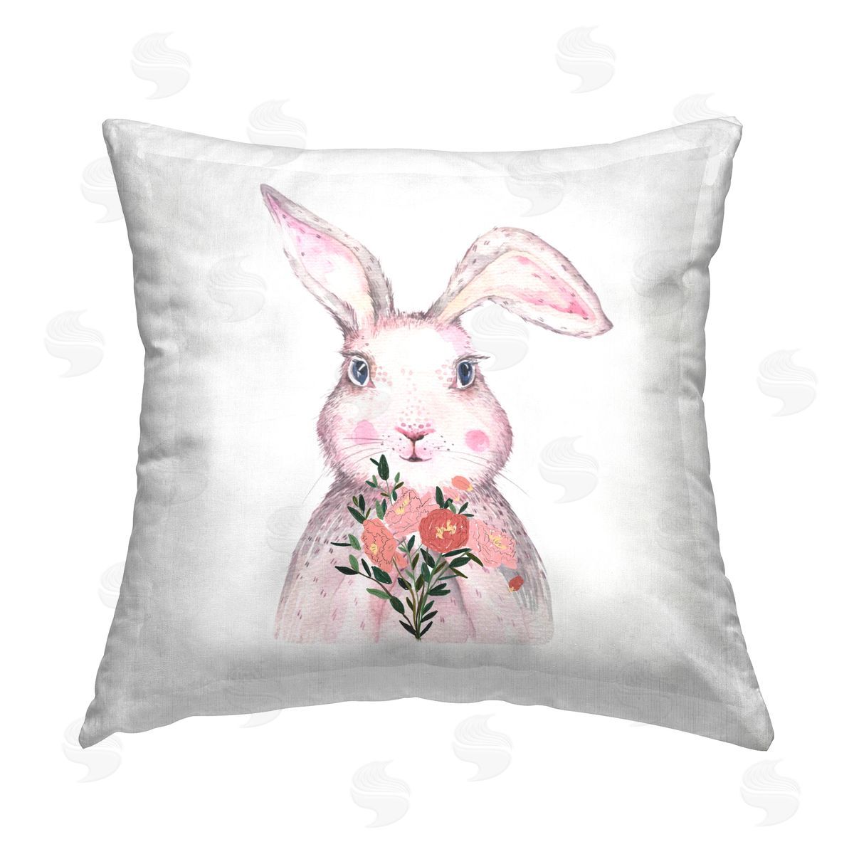 Pink Bunny With Flower Bouquet Decorative Printed Pillow, Home Decor by Karen Smith