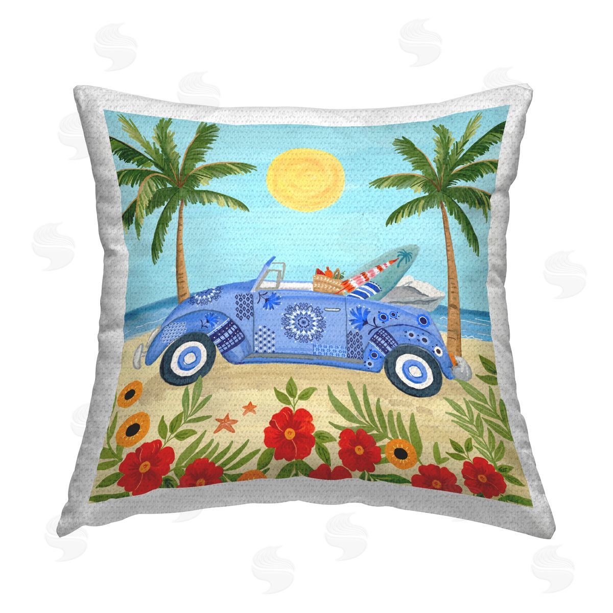 Summer Beach Car Between Palms Outdoor Printed Pillow, Home Decor by Sharon Lee
