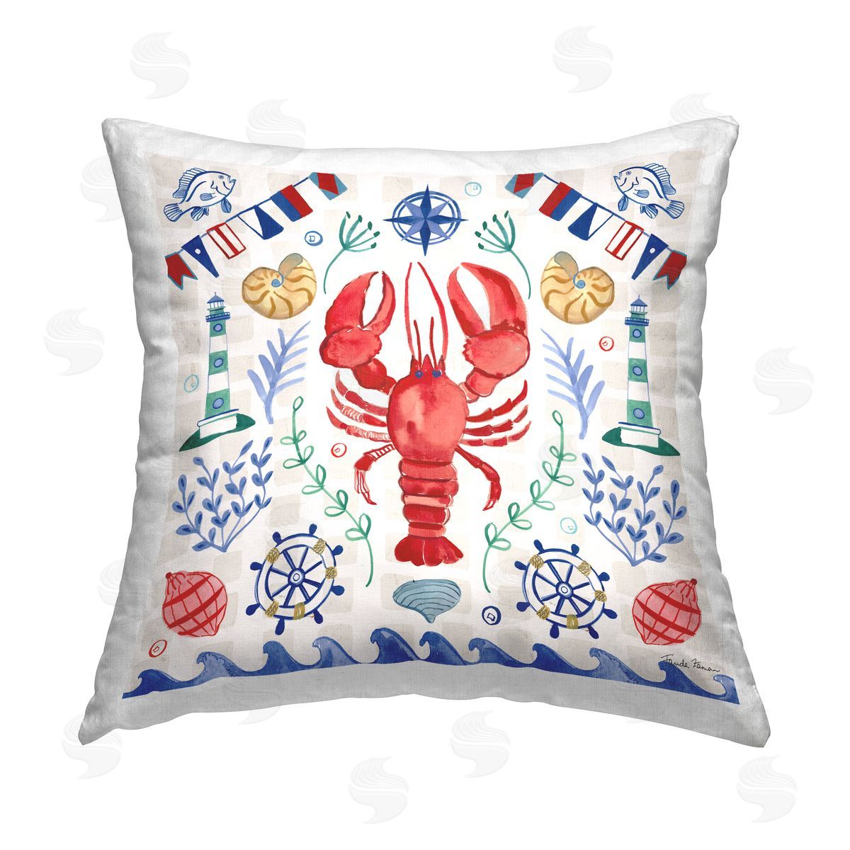 Nautical Lobster Beach Wave Decorative Printed Pillow, Home Decor by Farida Zaman