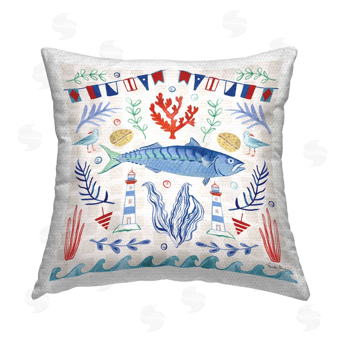 Nautical Fish Marine Pattern Outdoor Printed Pillow, Home Decor by Farida Zaman