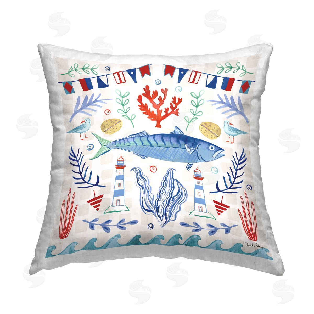 Nautical Fish Marine Pattern Decorative Printed Pillow, Home Decor by Farida Zaman