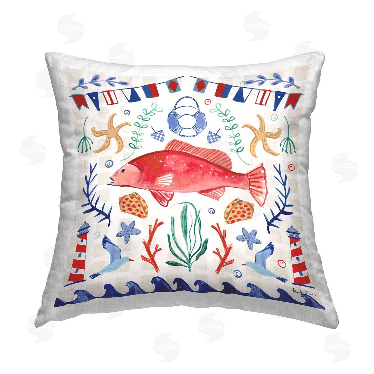 Maritime Fish & Shells Pattern Decorative Printed Pillow, Home Decor by Farida Zaman