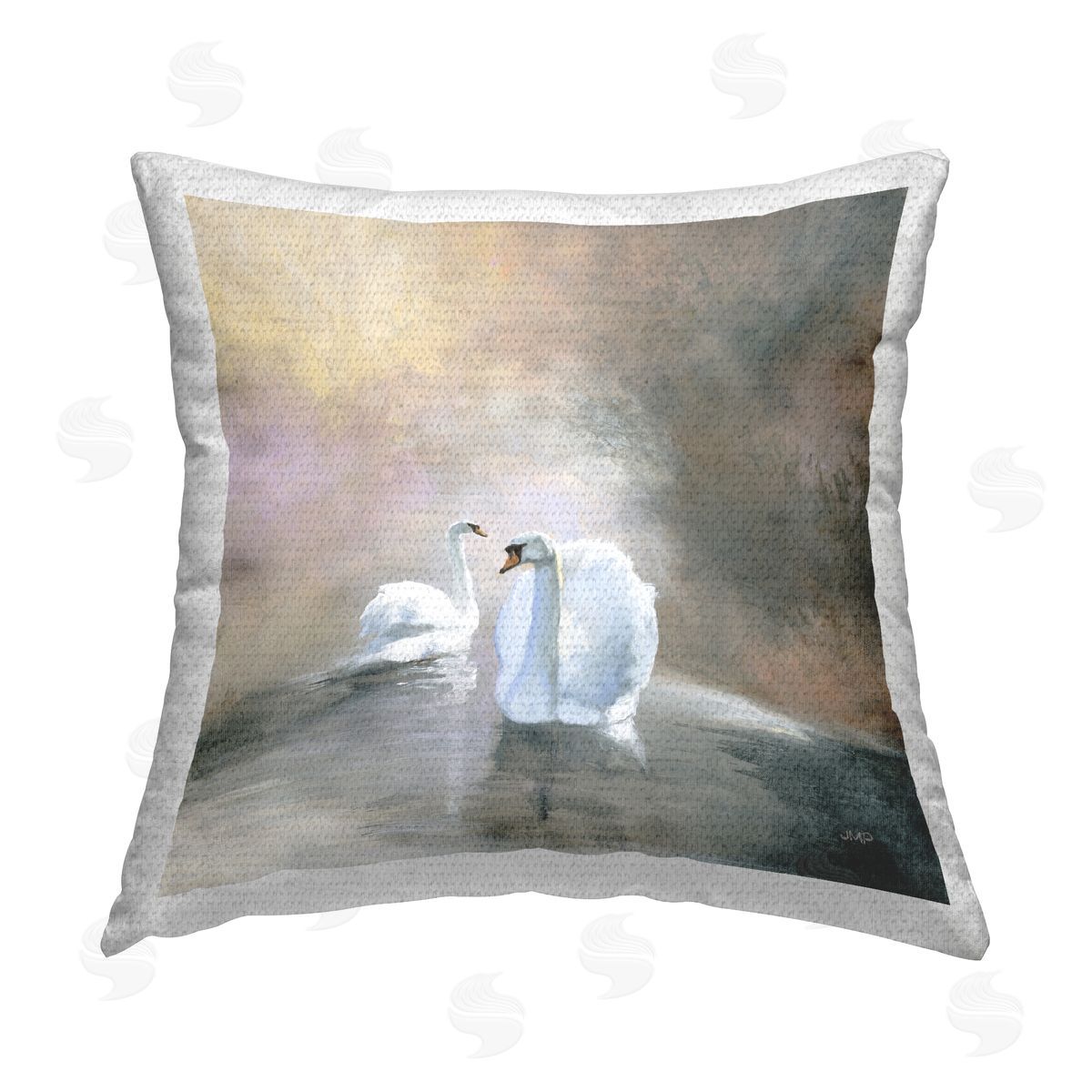 Swans Drifting Pond Landscape Outdoor Printed Pillow, Home Decor by Julia Purinton