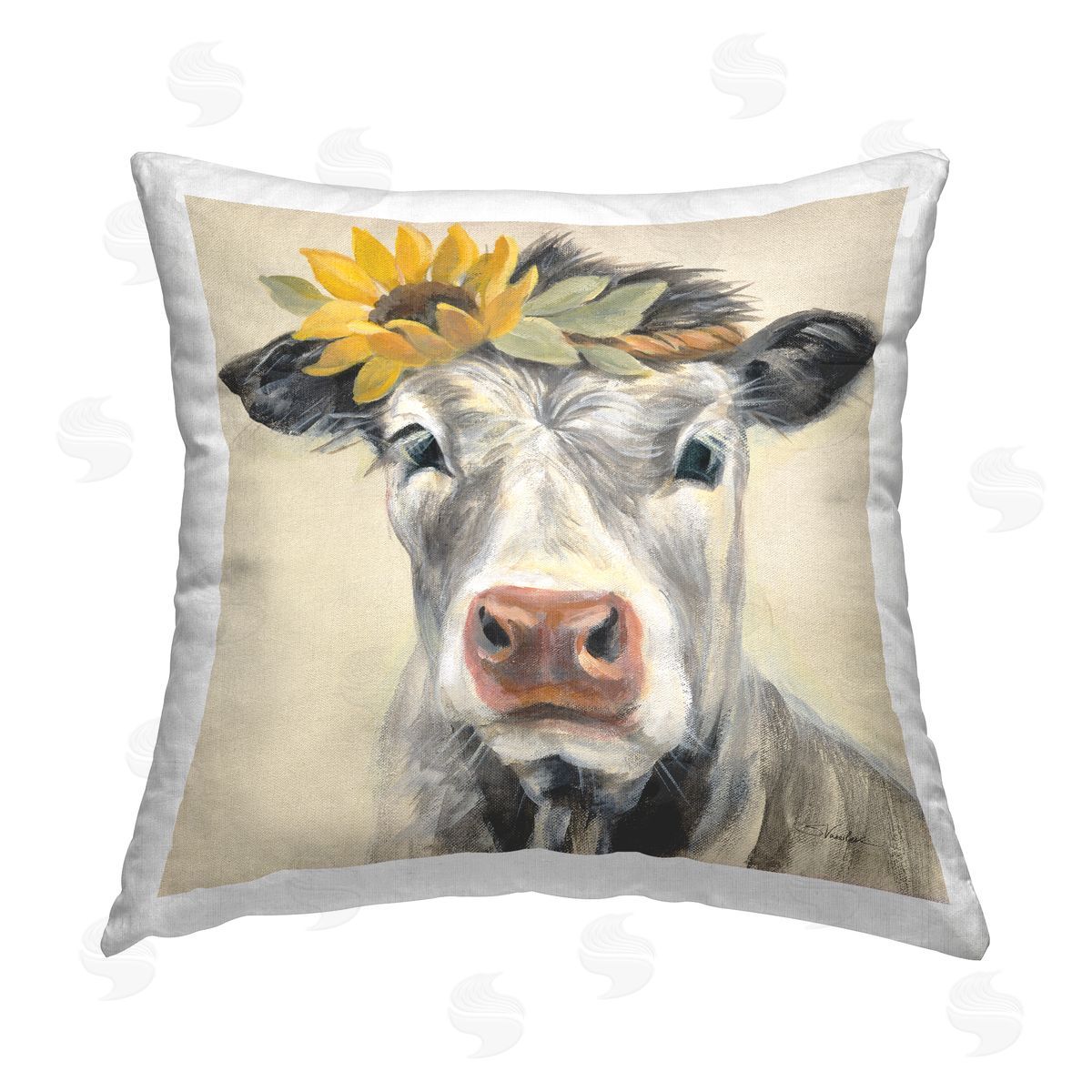 Cow With Sunflower Crown Decorative Printed Pillow, Home Decor by Silvia Vassileva